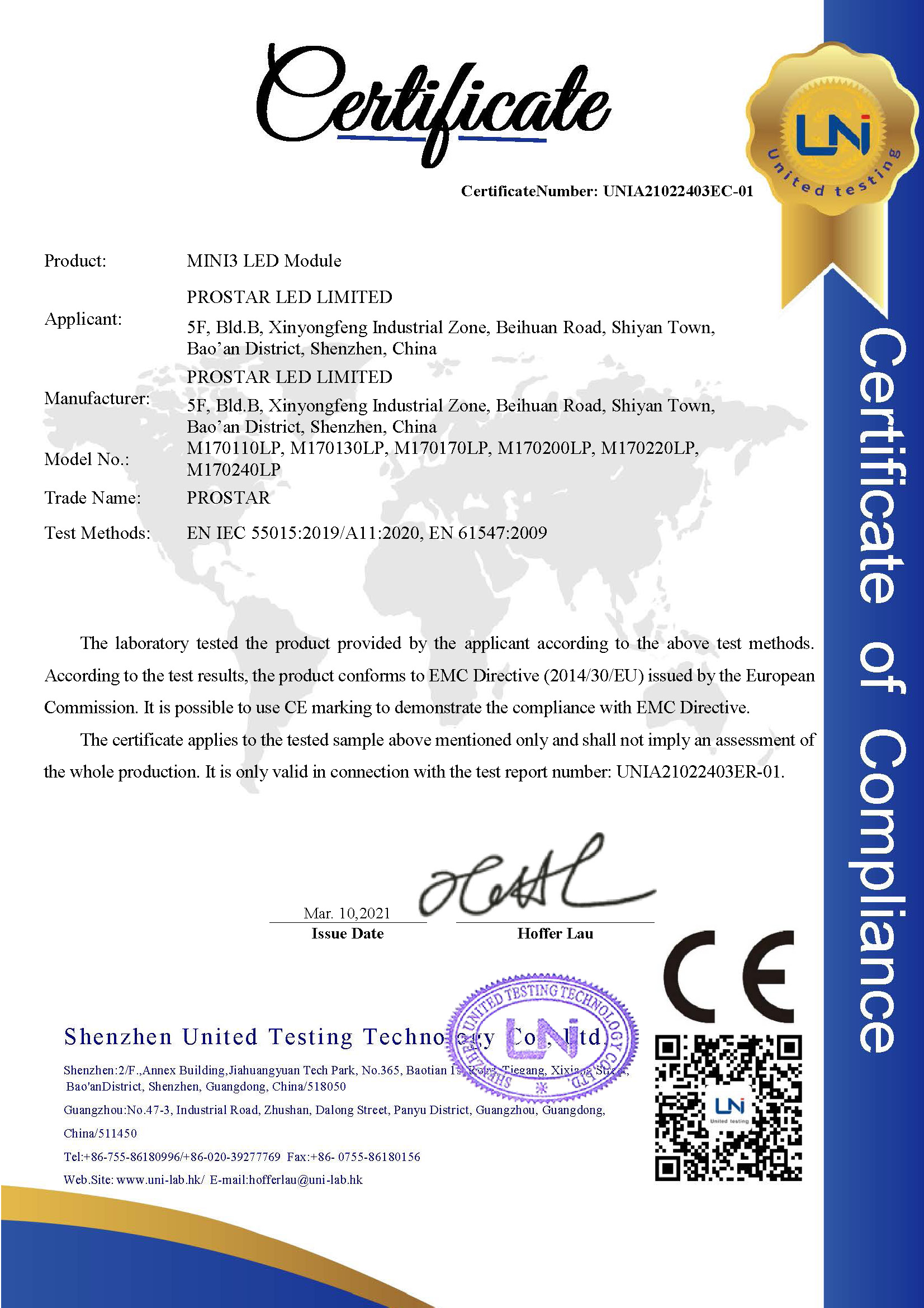 UNIA21022403EC-01 EMC Certificate Original