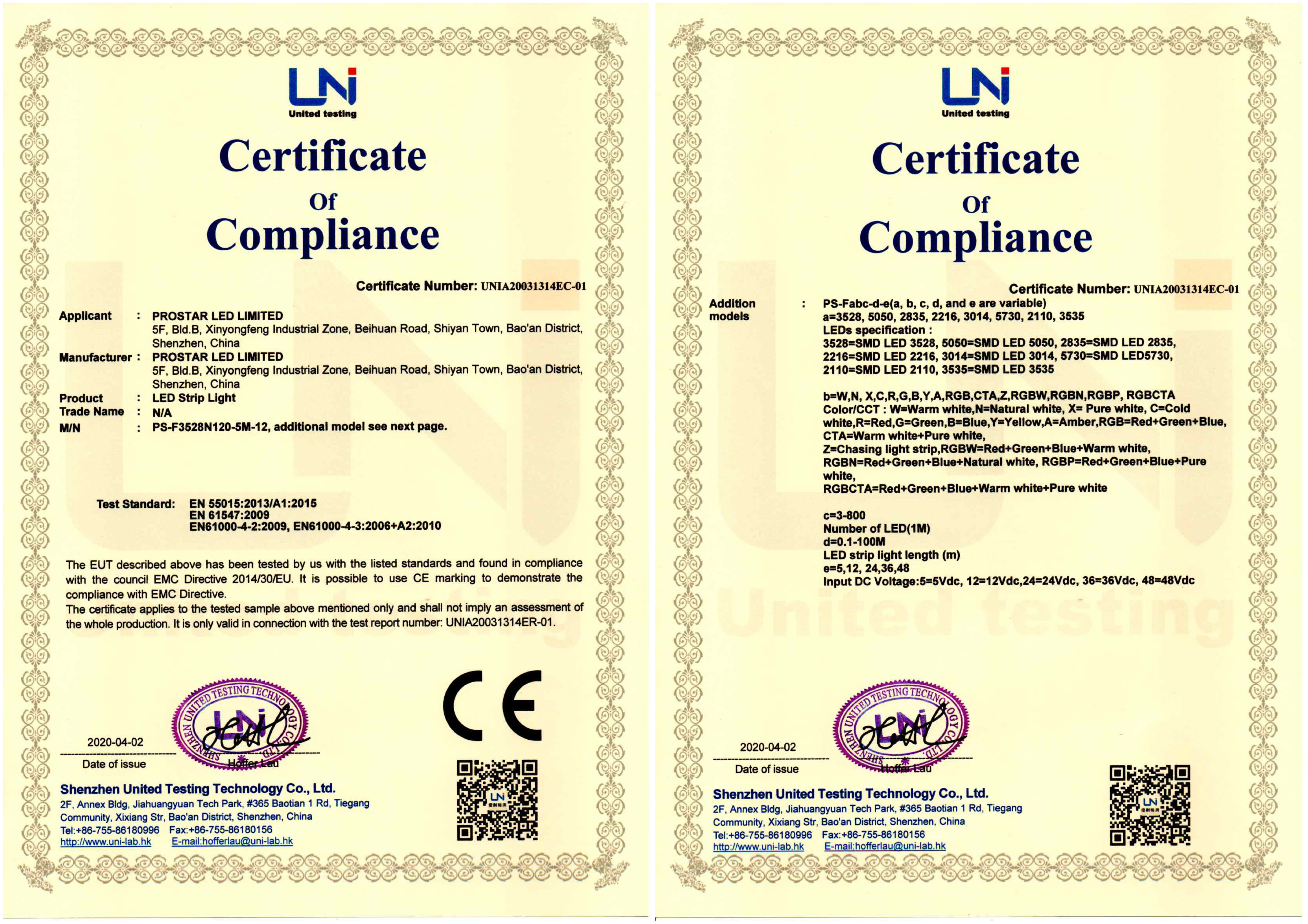 LED STRIP LIGHT EMC/LVD/RoHS2.0 Certificates Update Completed